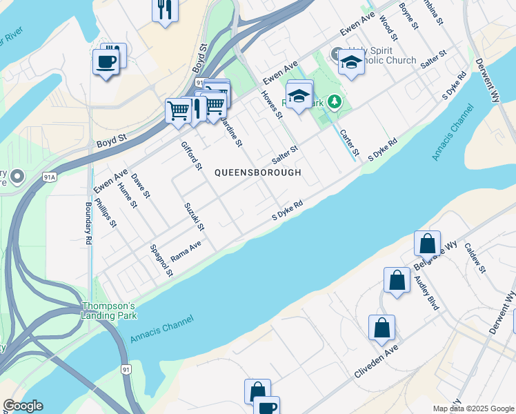 map of restaurants, bars, coffee shops, grocery stores, and more near 1122 Roma Ave in New Westminster