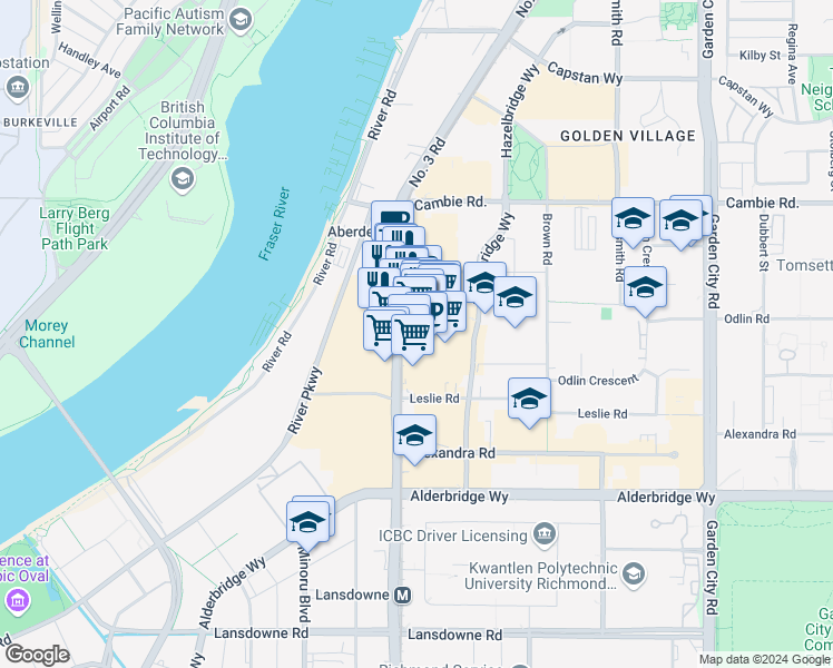 map of restaurants, bars, coffee shops, grocery stores, and more near 4380 Number 3 Road in Richmond