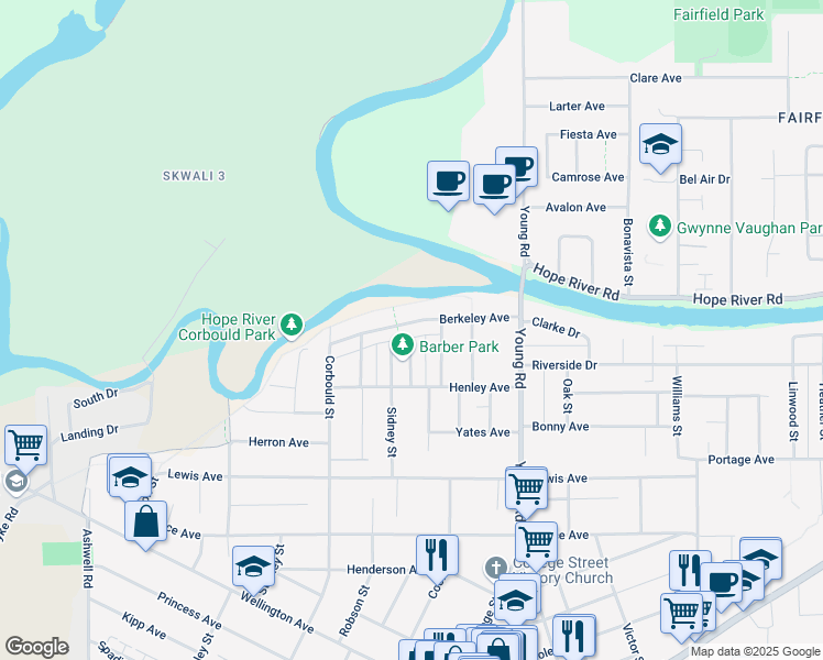 map of restaurants, bars, coffee shops, grocery stores, and more near 45812 Berkeley Avenue in Chilliwack