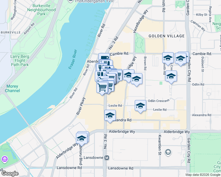 map of restaurants, bars, coffee shops, grocery stores, and more near 4380 No. 3 Road in Richmond