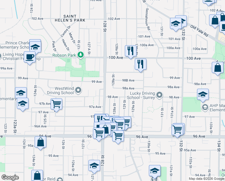 map of restaurants, bars, coffee shops, grocery stores, and more near 12842 98A Avenue in Surrey