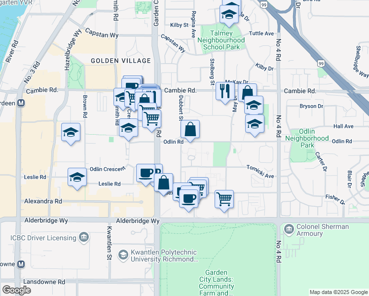 map of restaurants, bars, coffee shops, grocery stores, and more near 9271 Odlin Road in Richmond