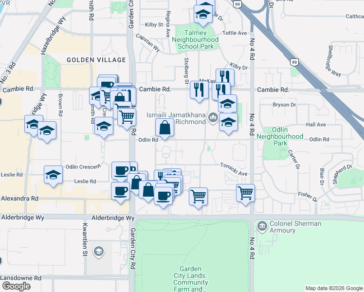 map of restaurants, bars, coffee shops, grocery stores, and more near 9388 Odlin Road in Richmond
