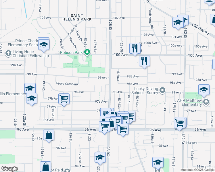 map of restaurants, bars, coffee shops, grocery stores, and more near 9833 128 Street in Surrey