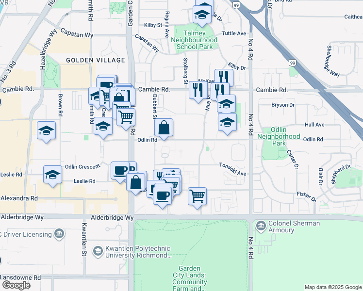 map of restaurants, bars, coffee shops, grocery stores, and more near 9388 Odlin Road in Richmond