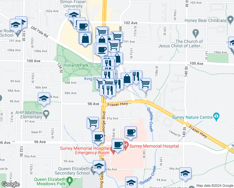 map of restaurants, bars, coffee shops, grocery stores, and more near 13660 George Junction in Surrey
