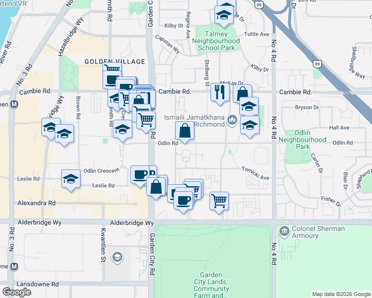map of restaurants, bars, coffee shops, grocery stores, and more near 9288 Odlin Road in Richmond