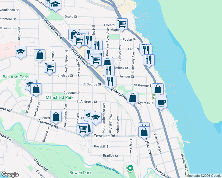 map of restaurants, bars, coffee shops, grocery stores, and more near 1045 Terminal Avenue North in Nanaimo