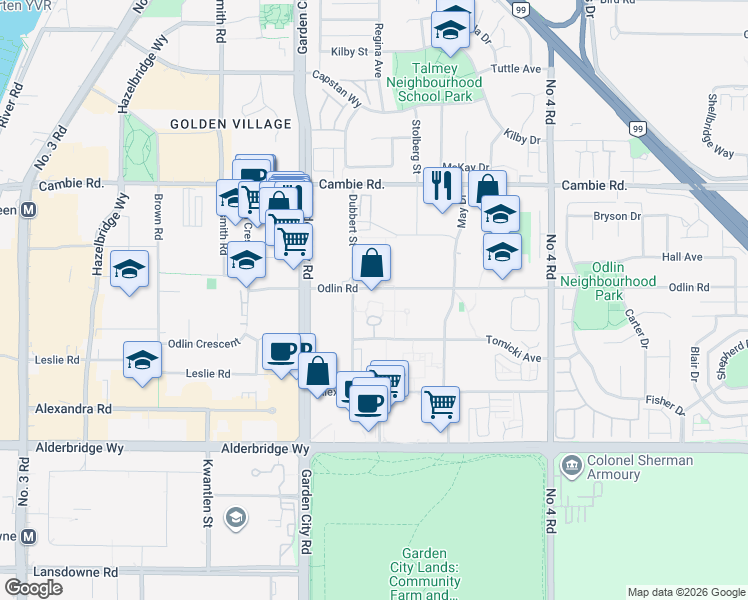 map of restaurants, bars, coffee shops, grocery stores, and more near 9271 Odlin Road in Richmond
