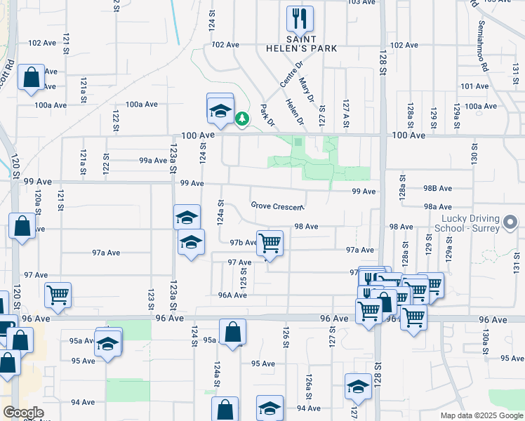 map of restaurants, bars, coffee shops, grocery stores, and more near 12542 Grove Crescent in Surrey