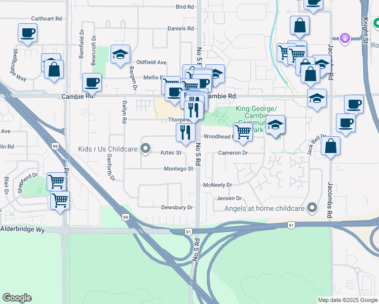 map of restaurants, bars, coffee shops, grocery stores, and more near 11891 Aztec Street in Richmond