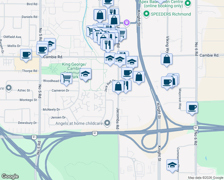 map of restaurants, bars, coffee shops, grocery stores, and more near 12900 Jack Bell Drive in Richmond