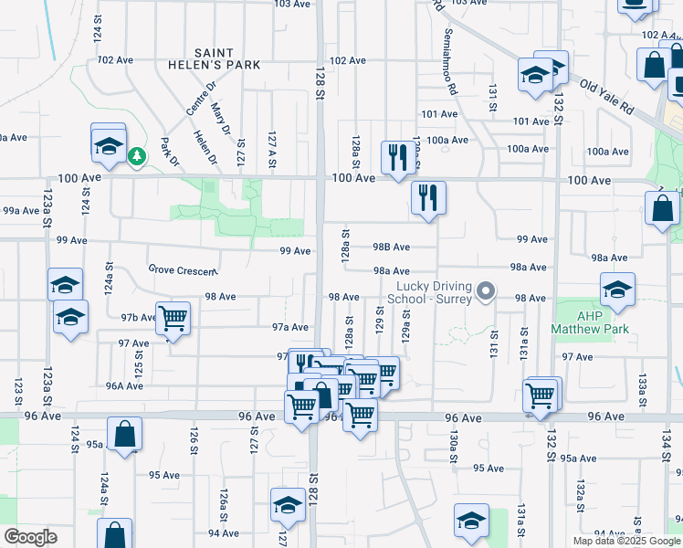 map of restaurants, bars, coffee shops, grocery stores, and more near in Surrey