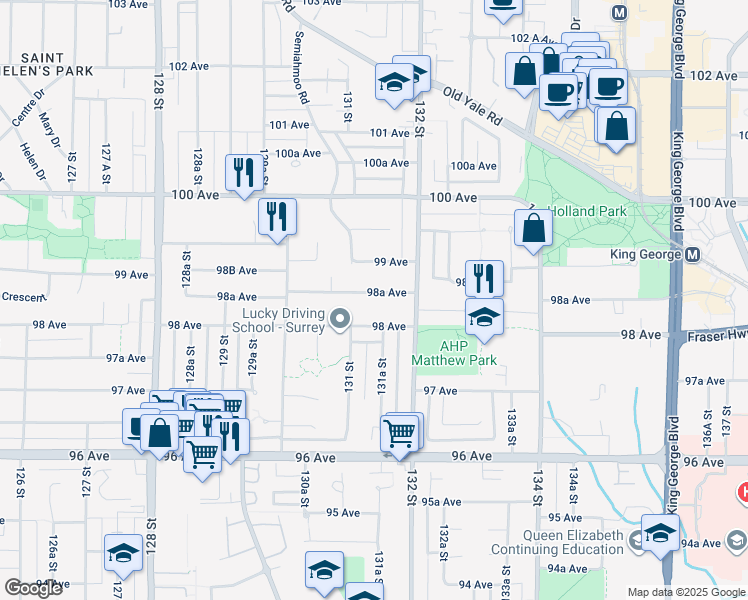 map of restaurants, bars, coffee shops, grocery stores, and more near 13134 98A Avenue in Surrey