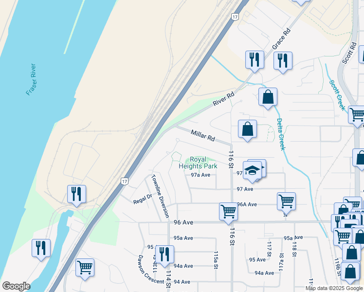 map of restaurants, bars, coffee shops, grocery stores, and more near 11436 Royal Crescent in Surrey