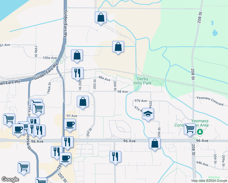 map of restaurants, bars, coffee shops, grocery stores, and more near 20555 98 Avenue in Langley