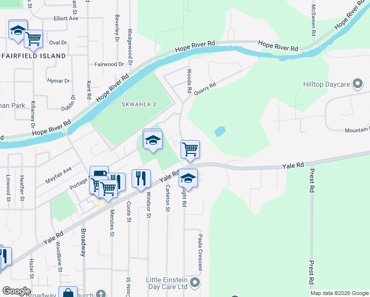 map of restaurants, bars, coffee shops, grocery stores, and more near 9913 Quarry Road in Chilliwack