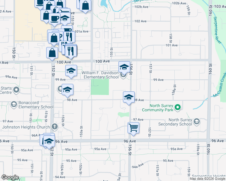 map of restaurants, bars, coffee shops, grocery stores, and more near 155 Street in Surrey