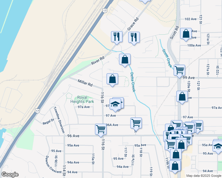 map of restaurants, bars, coffee shops, grocery stores, and more near 11640 98A Avenue in Surrey