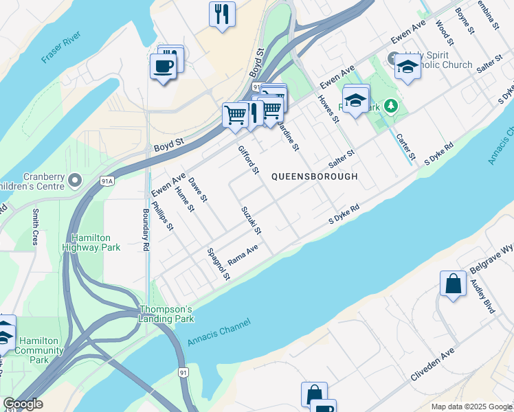 map of restaurants, bars, coffee shops, grocery stores, and more near 1233 Salter Street in New Westminster