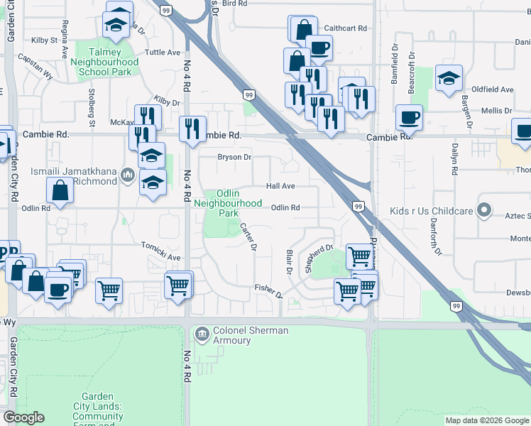 map of restaurants, bars, coffee shops, grocery stores, and more near 10340 Odlin Road in Richmond