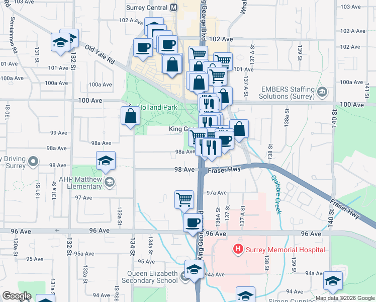 map of restaurants, bars, coffee shops, grocery stores, and more near 13573 98A Avenue in Surrey