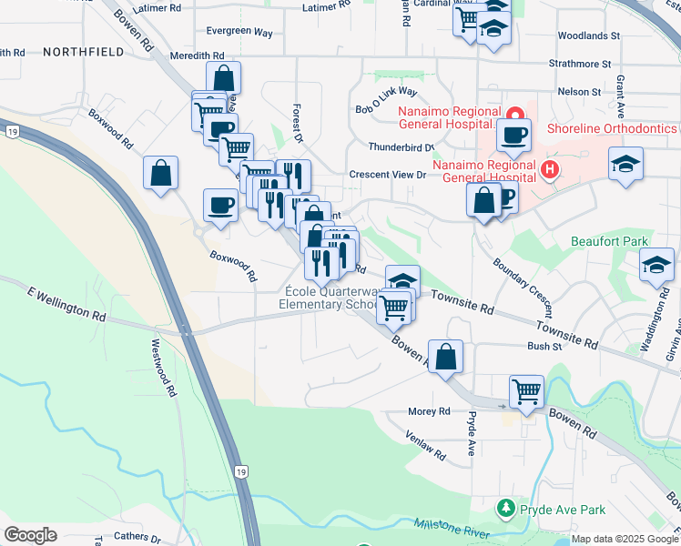 map of restaurants, bars, coffee shops, grocery stores, and more near 1713 Townsite Road in Nanaimo