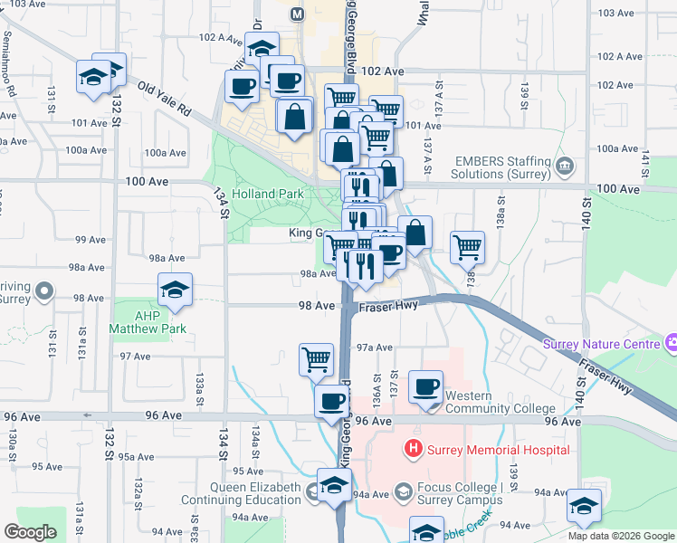 map of restaurants, bars, coffee shops, grocery stores, and more near 9905 King George Boulevard in Surrey