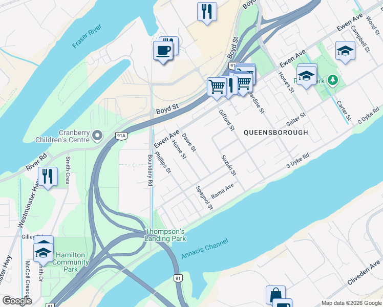map of restaurants, bars, coffee shops, grocery stores, and more near 234 Dawe Street in New Westminster