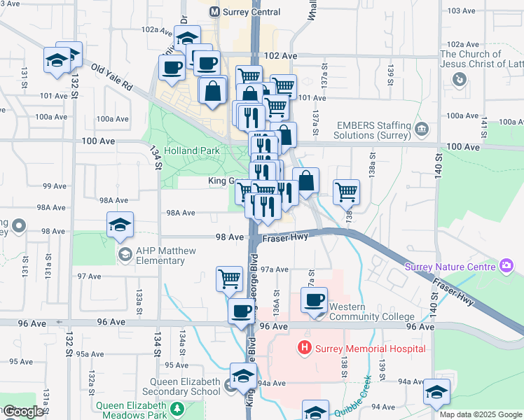 map of restaurants, bars, coffee shops, grocery stores, and more near 9850 King George Boulevard in Surrey