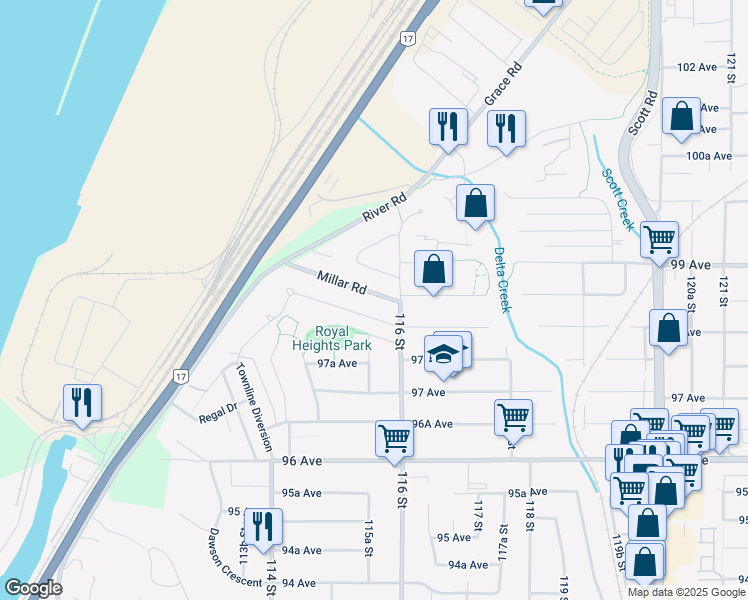 map of restaurants, bars, coffee shops, grocery stores, and more near 11562 Millar Road in Surrey