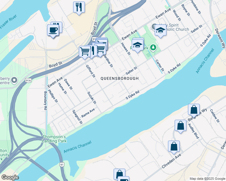 map of restaurants, bars, coffee shops, grocery stores, and more near 1163 Sparks Court in New Westminster