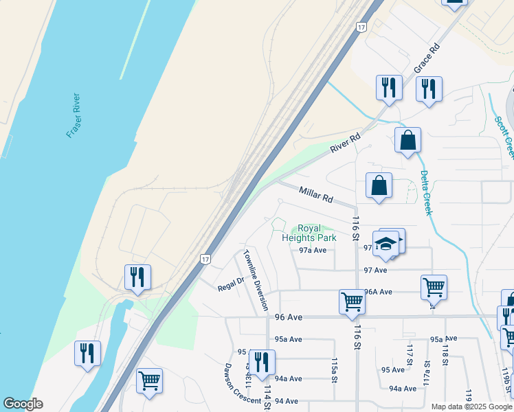 map of restaurants, bars, coffee shops, grocery stores, and more near 11370 River Road in Surrey