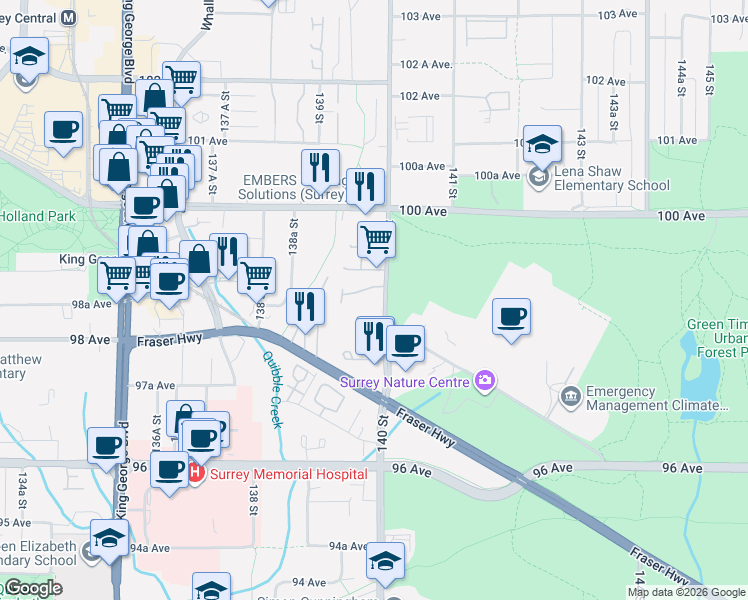 map of restaurants, bars, coffee shops, grocery stores, and more near 9865 140 Street in Surrey