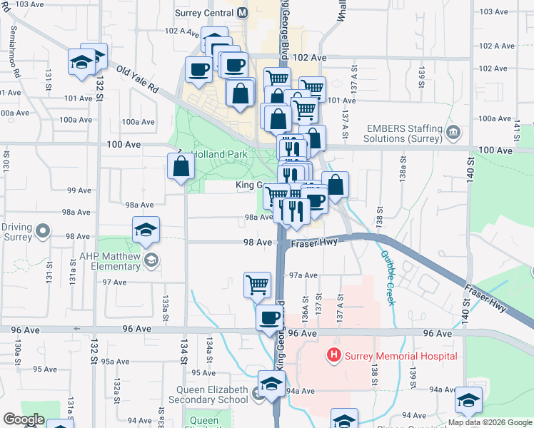 map of restaurants, bars, coffee shops, grocery stores, and more near 13573 98A Avenue in Surrey