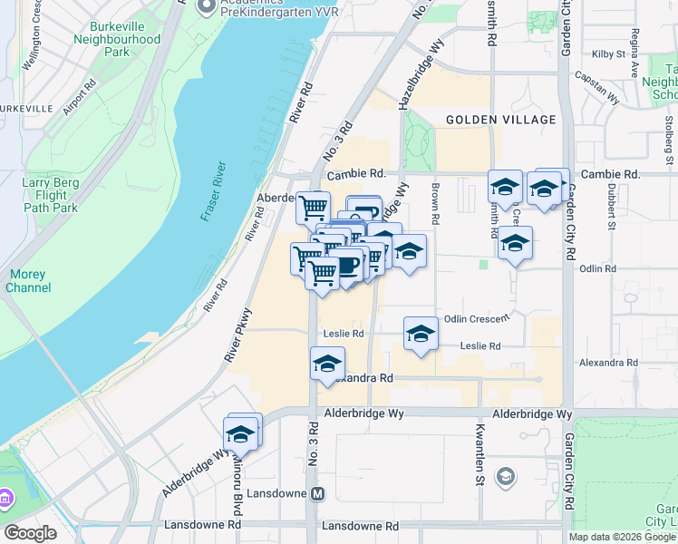 map of restaurants, bars, coffee shops, grocery stores, and more near 4380 No. 3 Road in Richmond