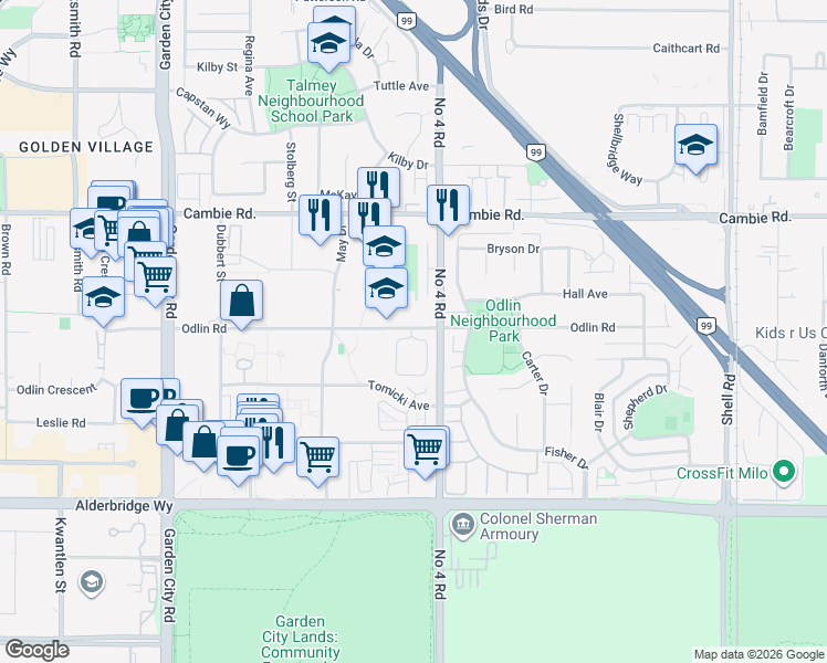 map of restaurants, bars, coffee shops, grocery stores, and more near 9800 Odlin Road in Richmond