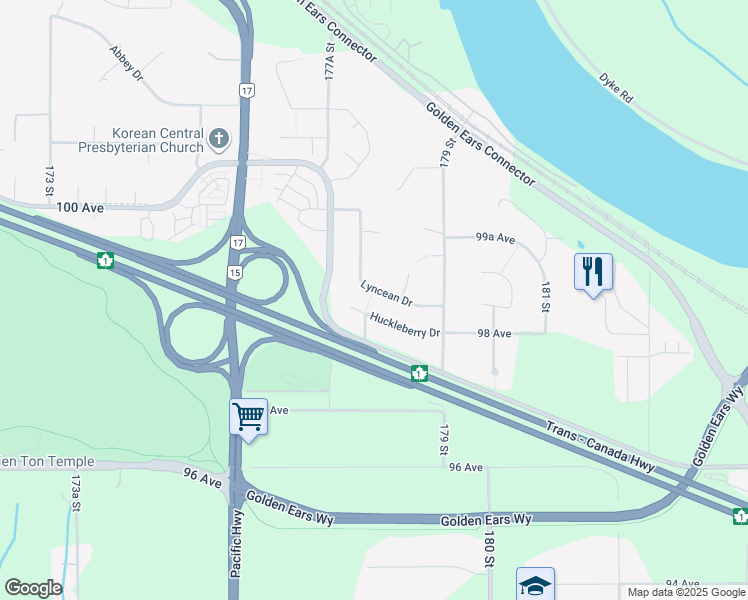 map of restaurants, bars, coffee shops, grocery stores, and more near 9879 Lyncean Drive in Surrey