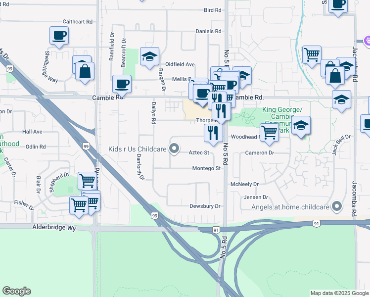 map of restaurants, bars, coffee shops, grocery stores, and more near 11691 Aztec Street in Richmond
