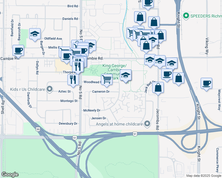 map of restaurants, bars, coffee shops, grocery stores, and more near 12631 Cameron Drive in Richmond