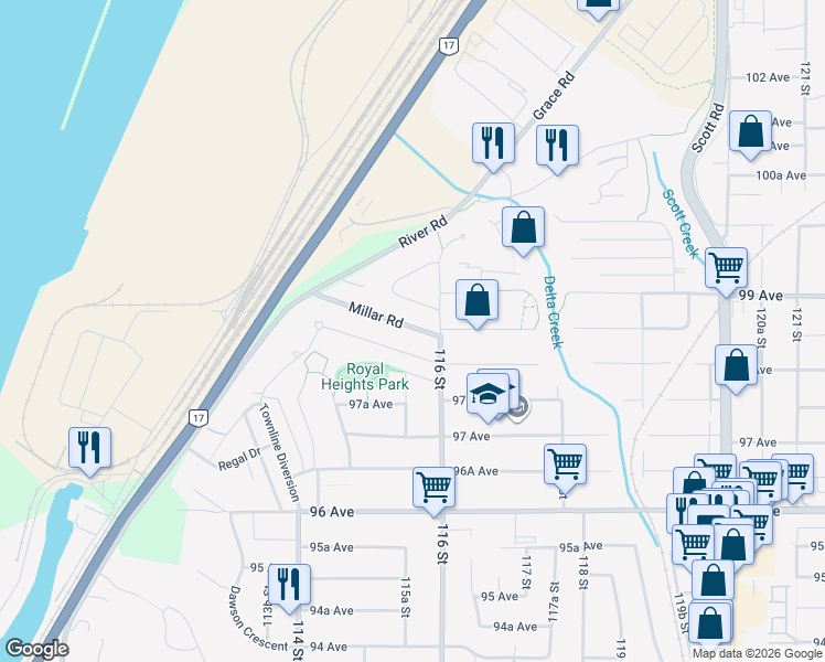 map of restaurants, bars, coffee shops, grocery stores, and more near in Surrey