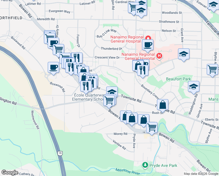 map of restaurants, bars, coffee shops, grocery stores, and more near 1620 Townsite Road in Nanaimo