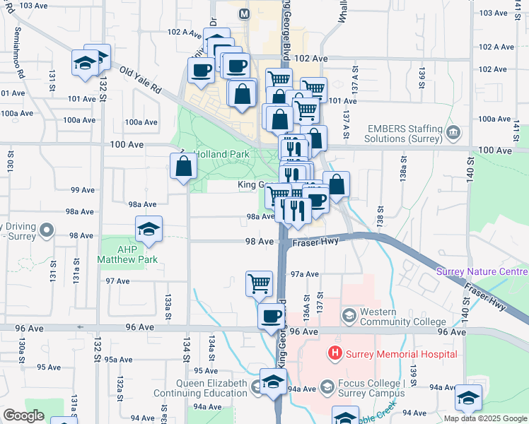 map of restaurants, bars, coffee shops, grocery stores, and more near 13573 98A Avenue in Surrey