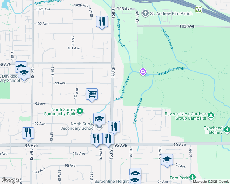 map of restaurants, bars, coffee shops, grocery stores, and more near 9860 160 Street in Surrey
