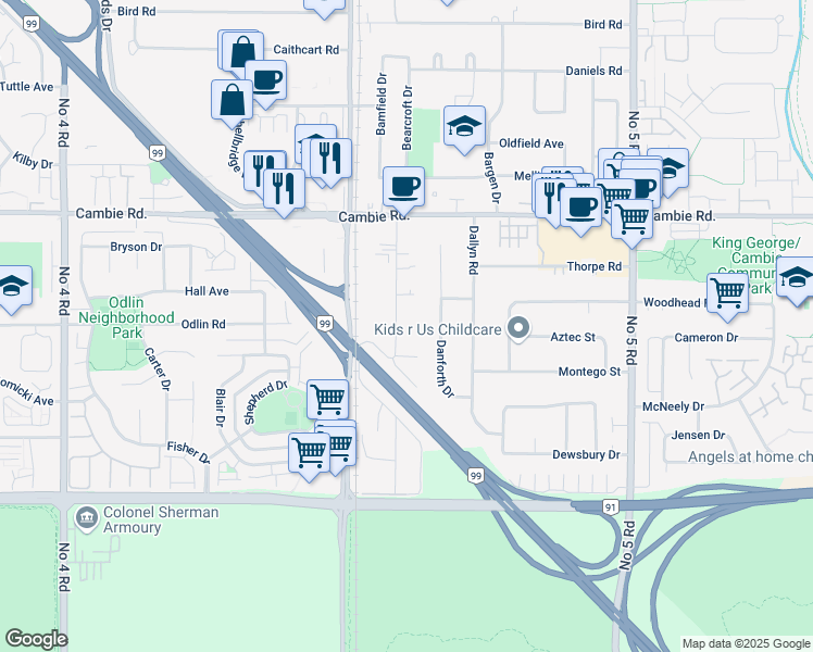 map of restaurants, bars, coffee shops, grocery stores, and more near 4400 Vanguard Road in Richmond