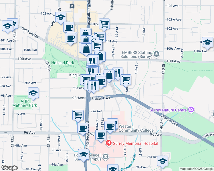 map of restaurants, bars, coffee shops, grocery stores, and more near 13725 George Junction in Surrey