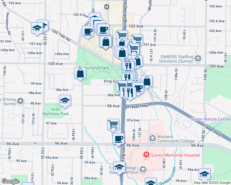 map of restaurants, bars, coffee shops, grocery stores, and more near 13575 98A Avenue in Surrey
