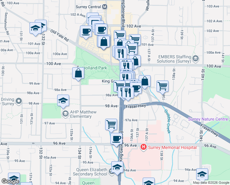 map of restaurants, bars, coffee shops, grocery stores, and more near 13572 98A Avenue in Surrey