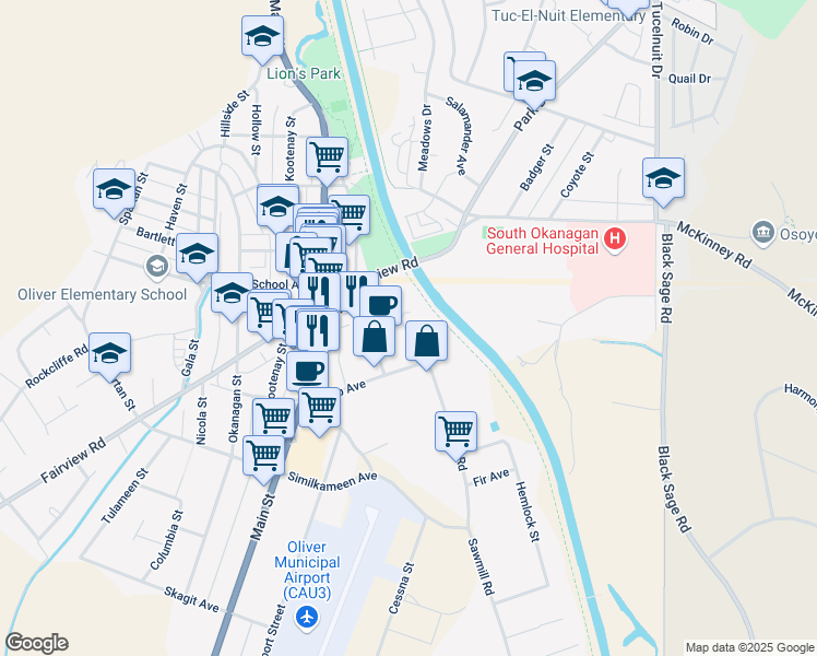 map of restaurants, bars, coffee shops, grocery stores, and more near 210 Co-op Avenue in Oliver