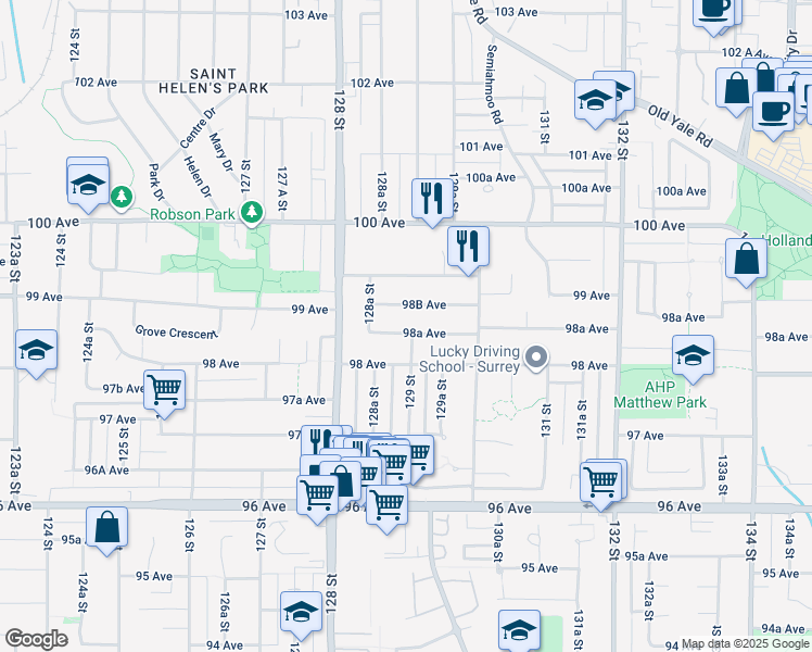 map of restaurants, bars, coffee shops, grocery stores, and more near 12895 98A Avenue in Surrey